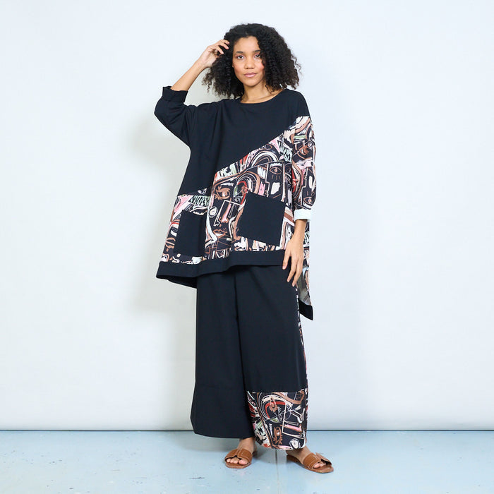 Wide leg asymmetric abstract art panel trousers wholesale