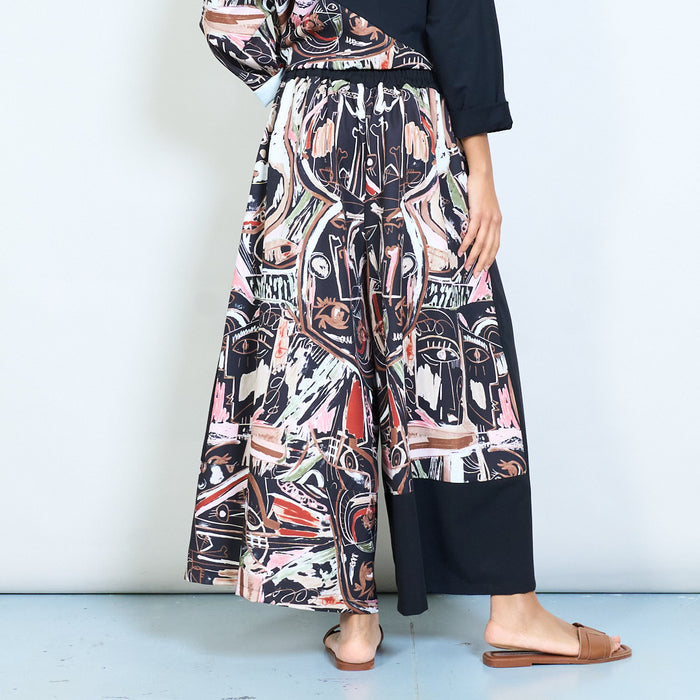 Wide leg asymmetric abstract art panel trousers wholesale