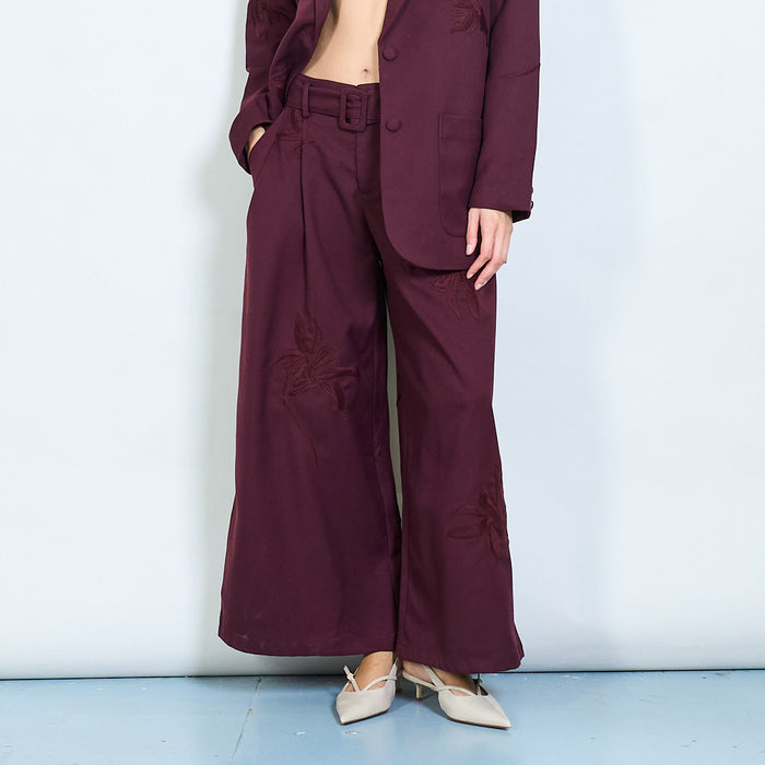 Wide-leg belted trousers with floral embroidery wholesale