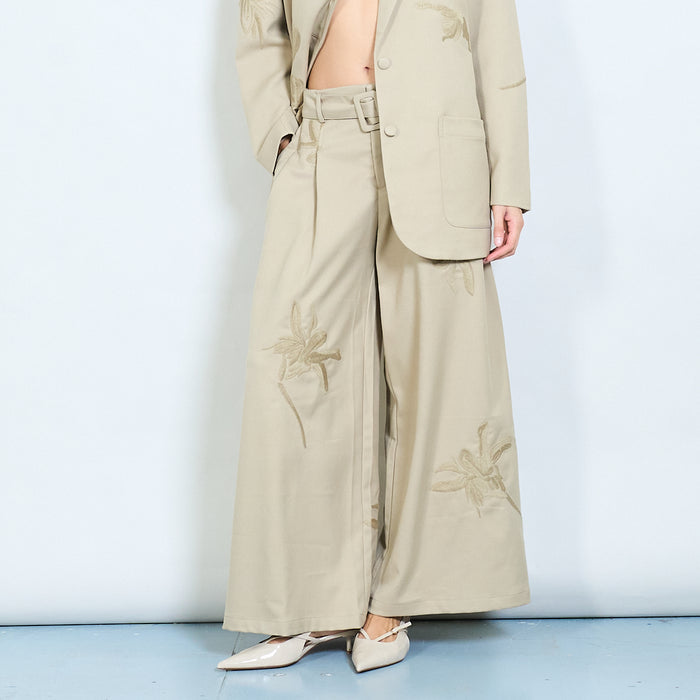 Wide-leg belted trousers with floral embroidery wholesale