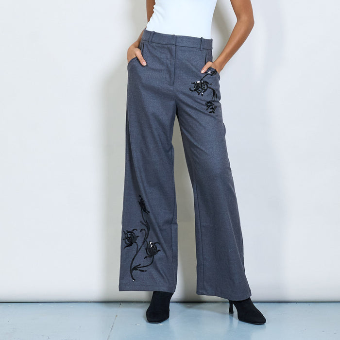 Wide-leg tailored trousers with floral embroidery wholesale