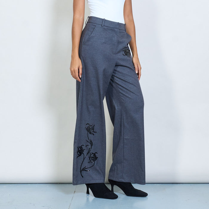 Wide-leg tailored trousers with floral embroidery wholesale