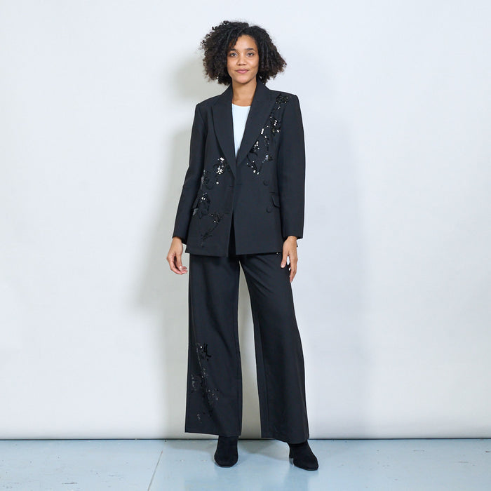 Wide-leg tailored trousers with floral embroidery wholesale