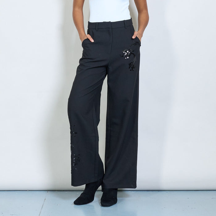 Wide-leg tailored trousers with floral embroidery wholesale