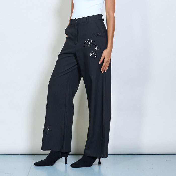 Wide-leg tailored trousers with floral embroidery wholesale