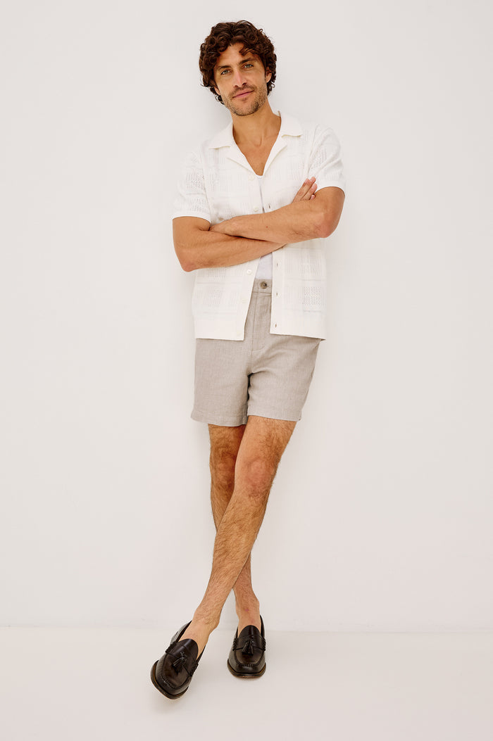 Wilson Short in Linen With a Straight Fit, Clean Front Waistband, Elasticated Back, Front Zip Fly, and Side Pockets in Sand Dune Colorway - Full Body Front View Featured on Model