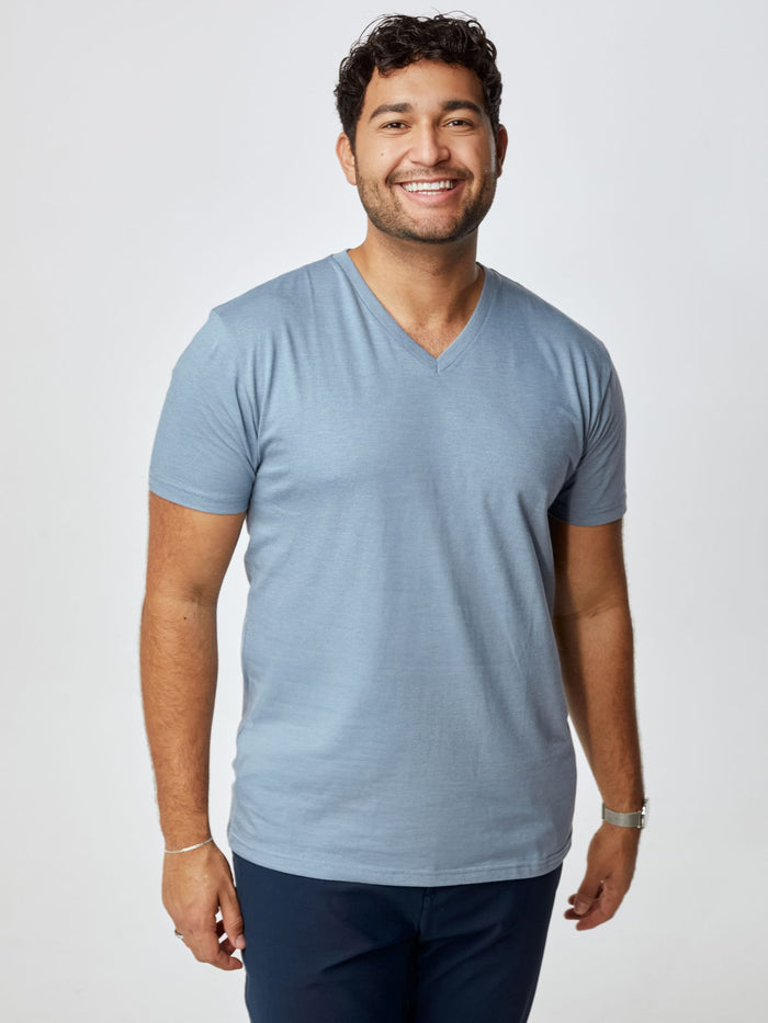 Matheus is 6', 210LBS and wears a size XL # Best Sellers V-Neck Tees 6-Pack with Wedgewood | Fresh Clean Threads