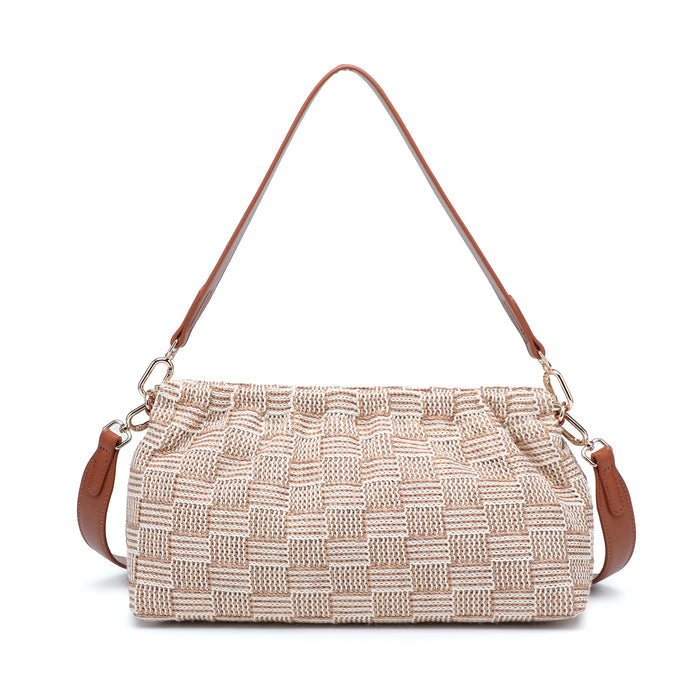 Woven straw shoulder bag with leather strap wholesale