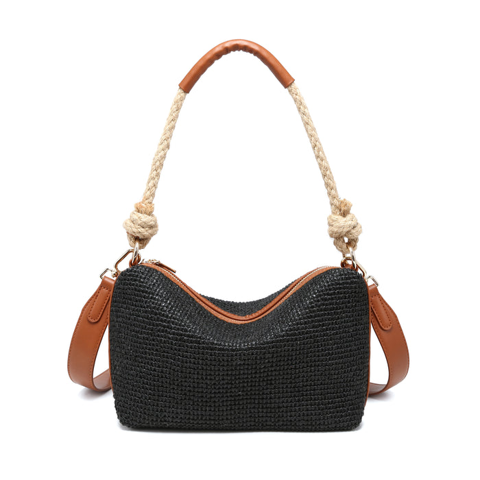 Woven texture rope handle curved top bag with adjustable strap wholesale