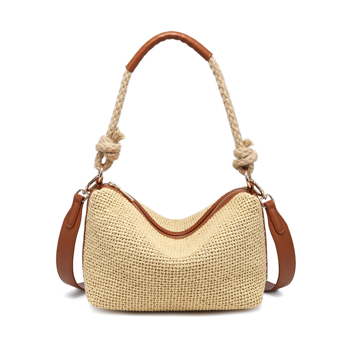Woven texture rope handle curved top bag with adjustable strap wholesale