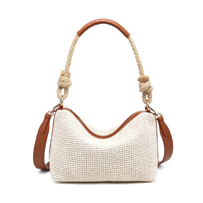 Woven texture rope handle curved top bag with adjustable strap wholesale