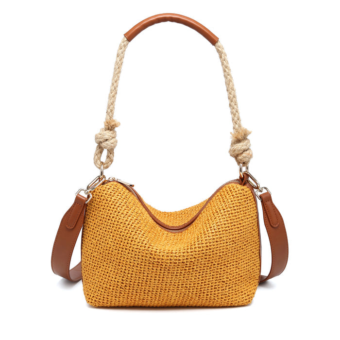 Woven texture rope handle curved top bag with adjustable strap wholesale