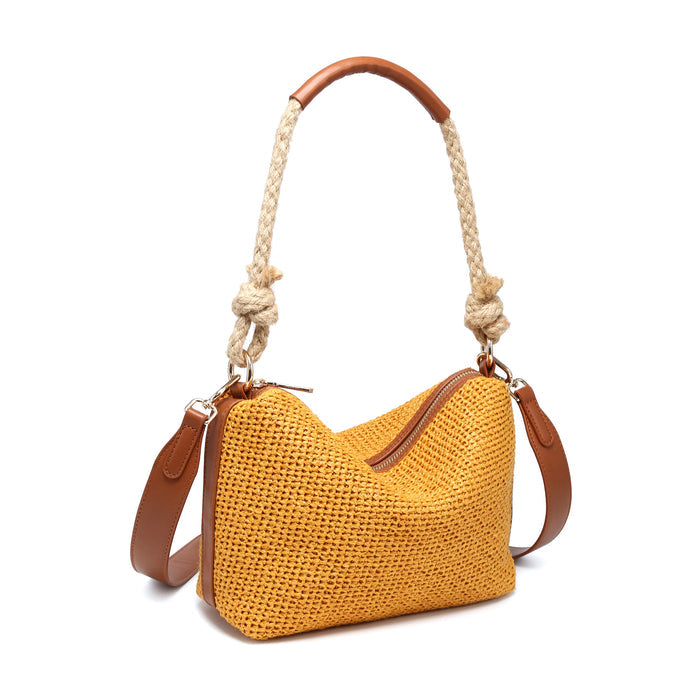 Woven texture rope handle curved top bag with adjustable strap wholesale