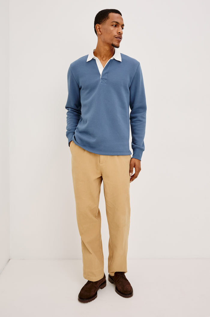 Wright Shirt in Midweight Fleece, Brushed Backing, Relaxed Fit, Vintage-Inspired Contrast Rugby Collar, Two-Button Placket, and Straight Hem With Side Slits in Vintage Steel Colorway - Full Body Front View Featured on Model