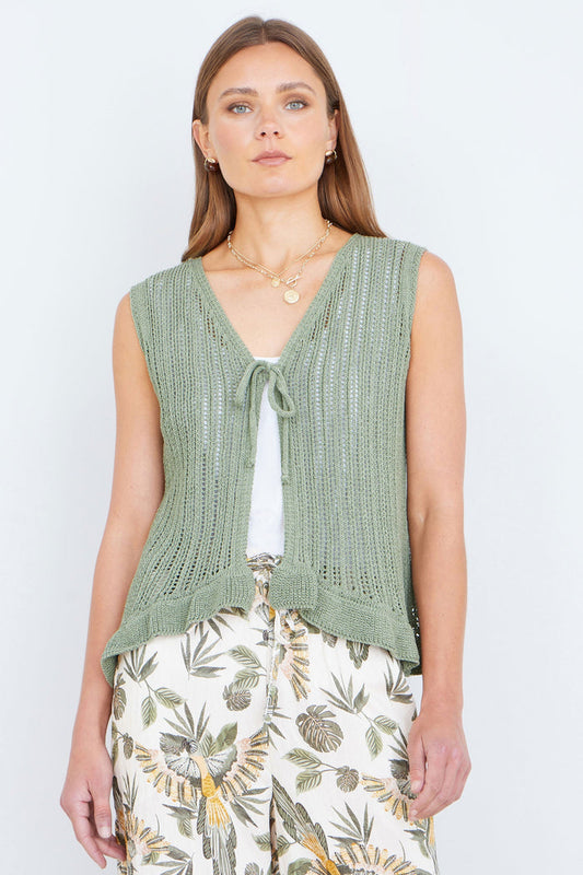 Green Knitted Cotton Tie Waistcoat Top - Bascora