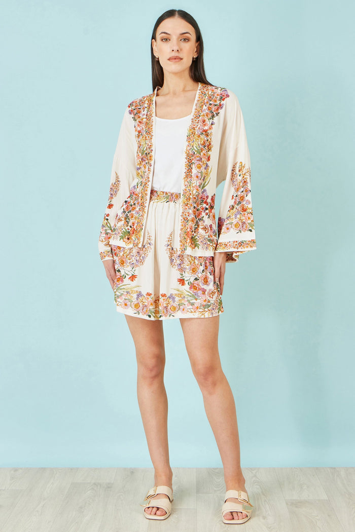 Ivory Viscose Floral Border Kimono With Tie Belt - Bascora