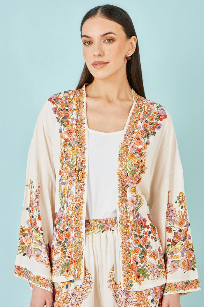 Ivory Viscose Floral Border Kimono With Tie Belt - Bascora