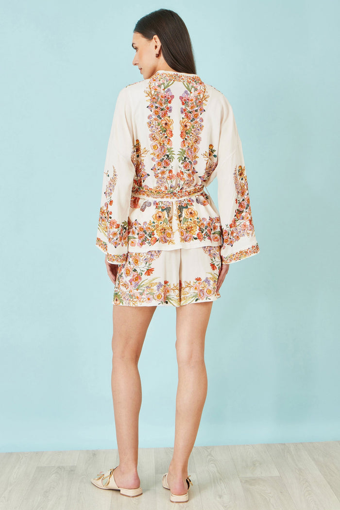 Ivory Viscose Floral Border Kimono With Tie Belt - Bascora