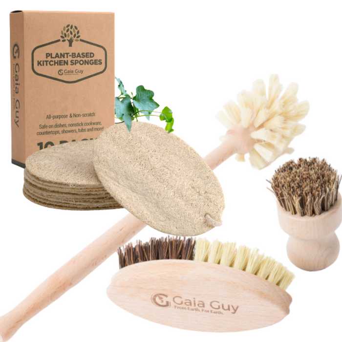 Zero Waste Kitchen and Bath Set - Plant Based Brushes and Loofah Sponges Plastic-Free Kit - Gaia Guy
