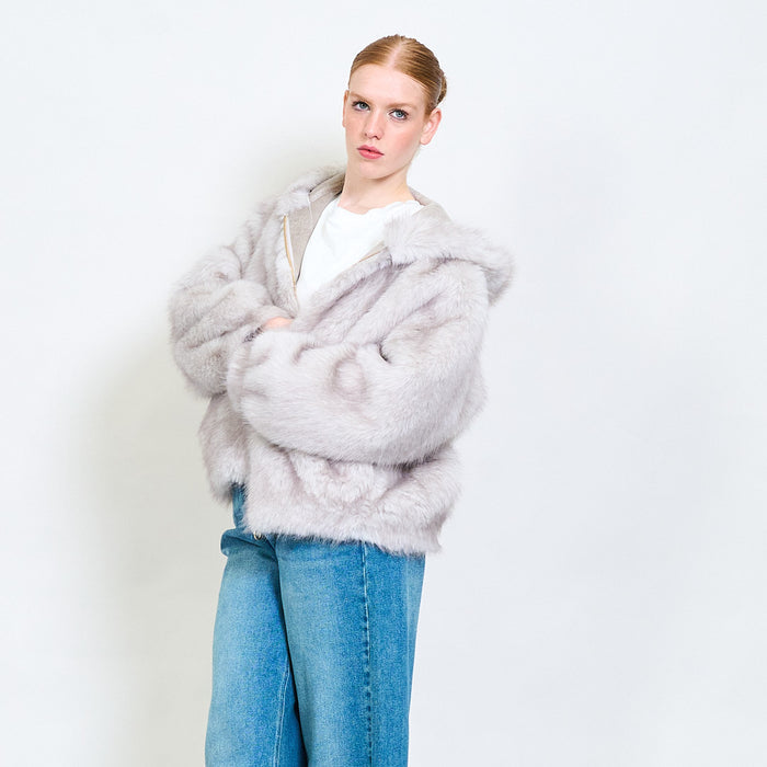 Zipped eco fur short hoodie jacket wholesale