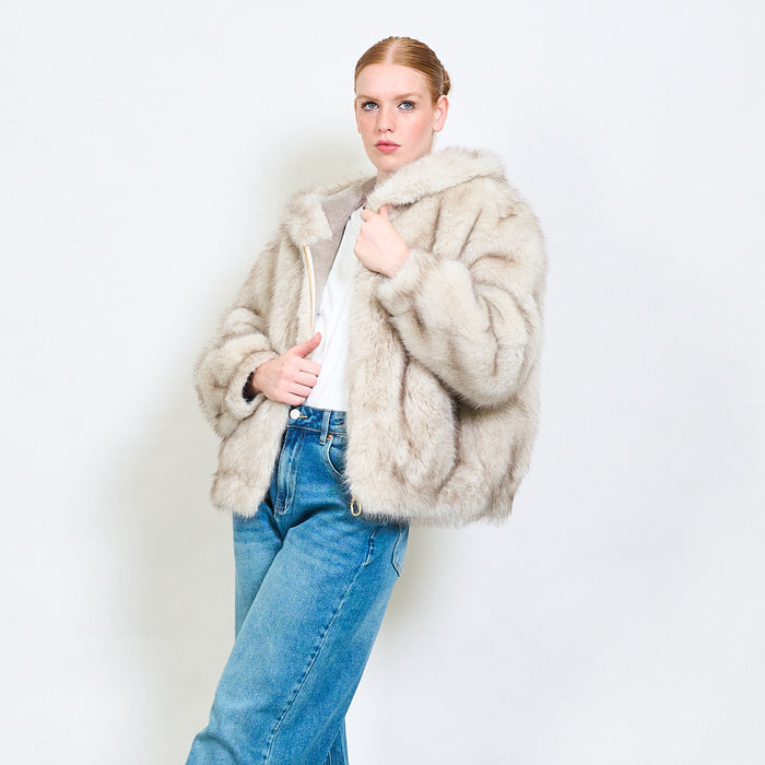Zipped eco fur short hoodie jacket wholesale
