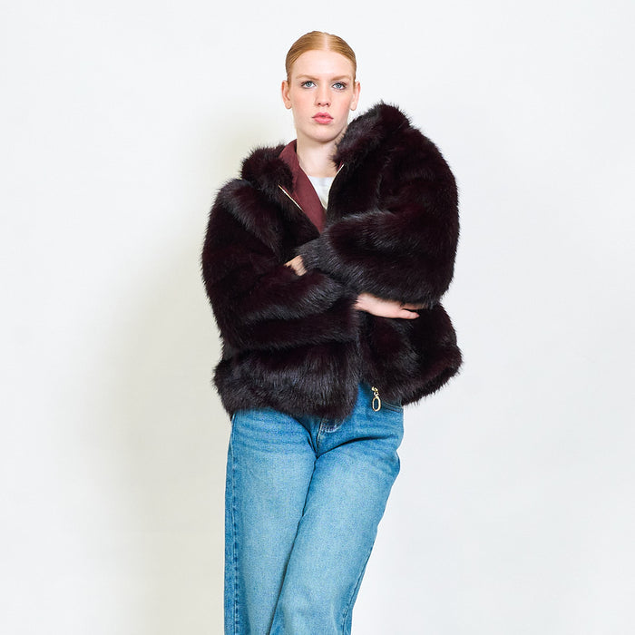Zipped eco fur short hoodie jacket wholesale